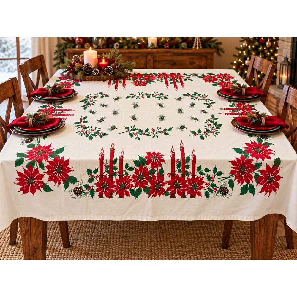 Vintage Christmas Tablecloth 52x60 Poinsettia Holly Candle Pinecone Holiday